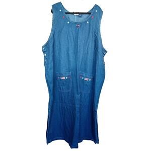 VTG 90s Plus Size 4X Denim Jumper Dress Embroidered Patriotic Stars Flag Maxi